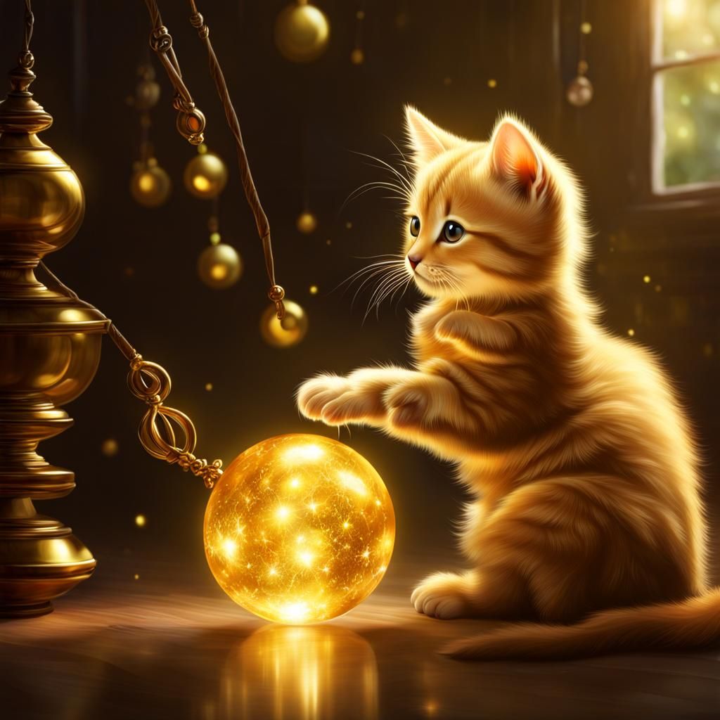 Glowing Golden Kitten Playing With Orb in Hyperrealism