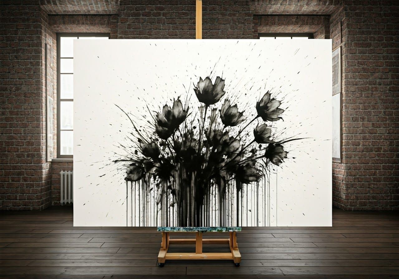 Abstract Ink Splatter Floral Art in Studio