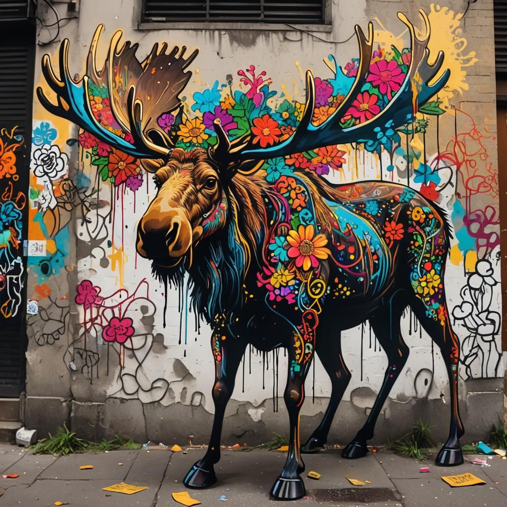 Moose with Flowery Antlers in Graffiti Street Art