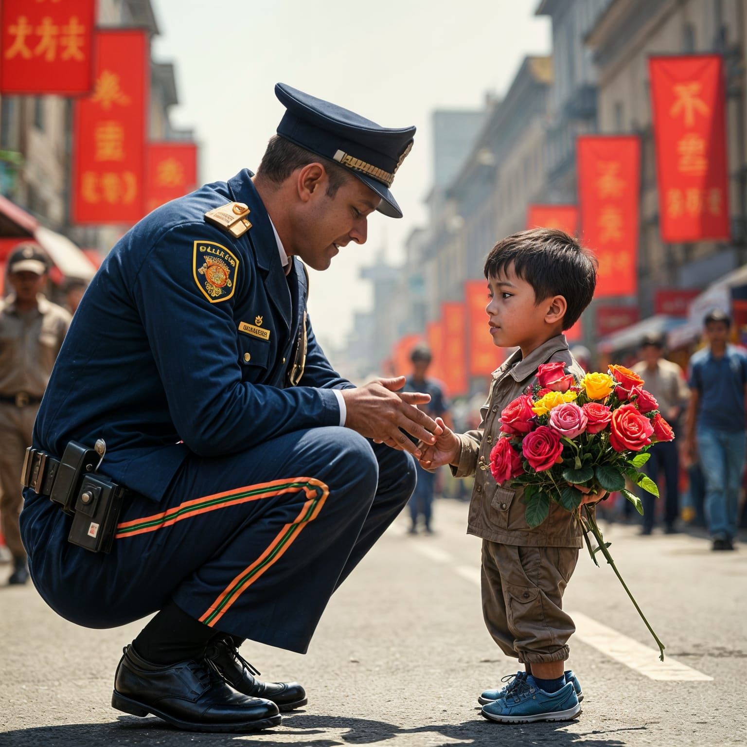 (Police man on duty stooping and addressing a cute little bo...