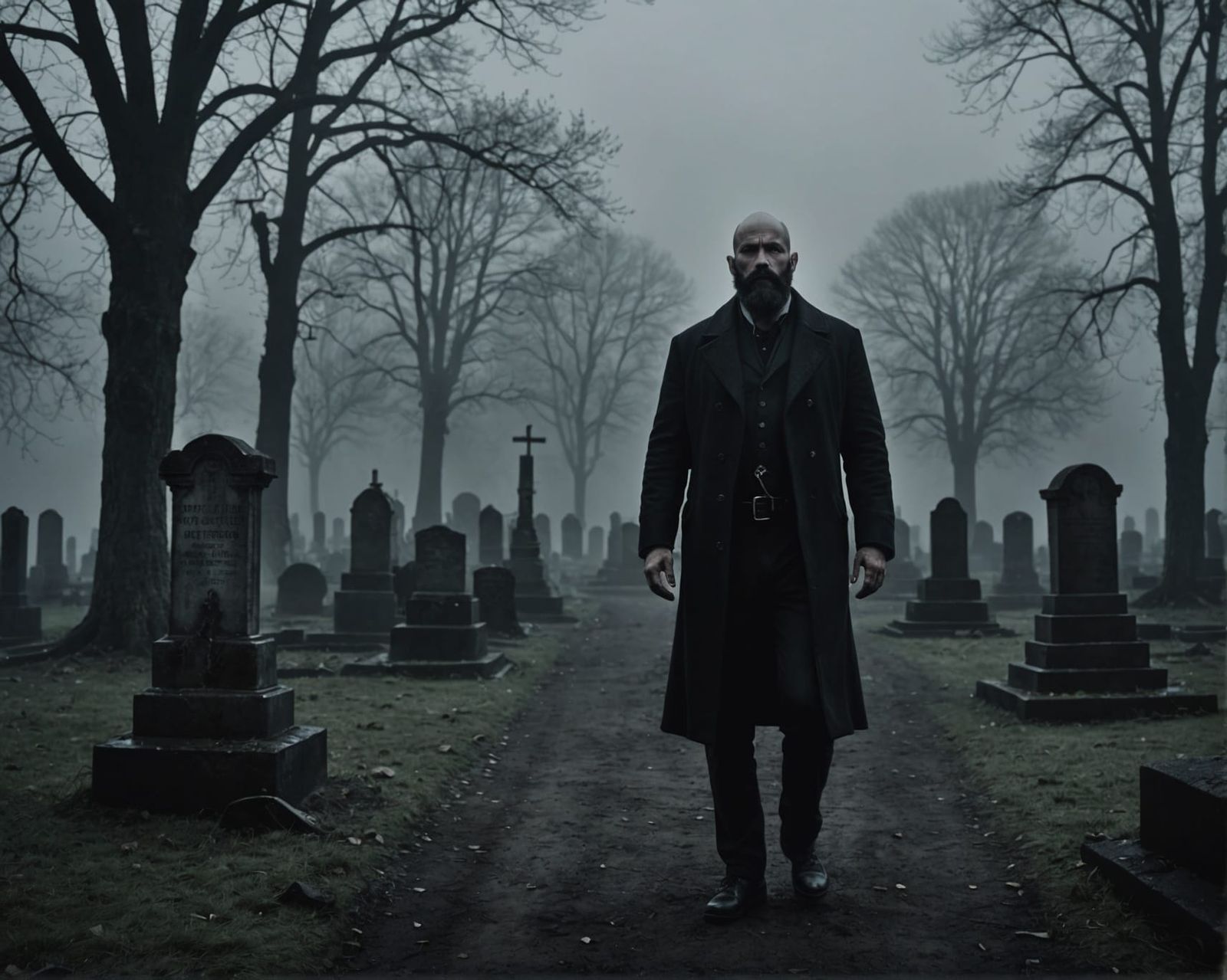 Noir Cemetery: Bald Man in Graphic Novel Style