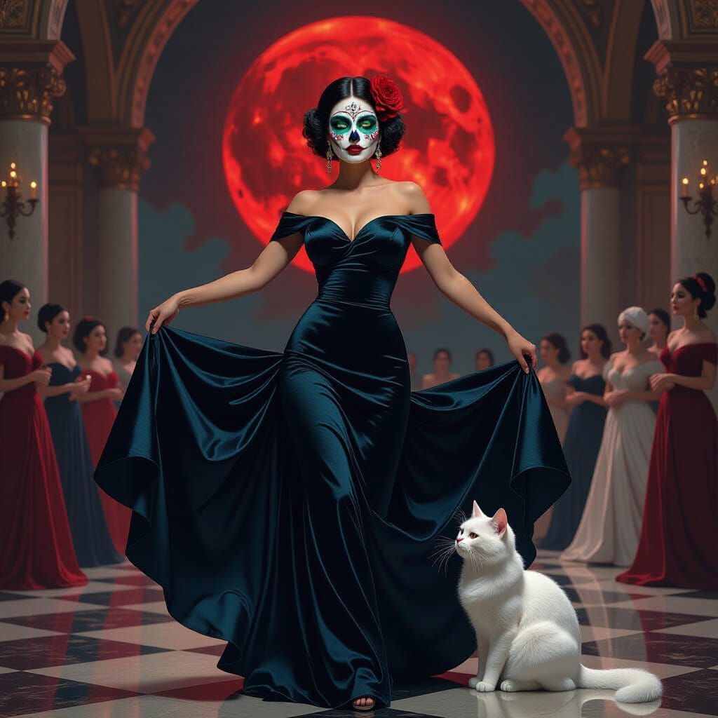 Día de los Muertos Woman Dances Under Blood Moon