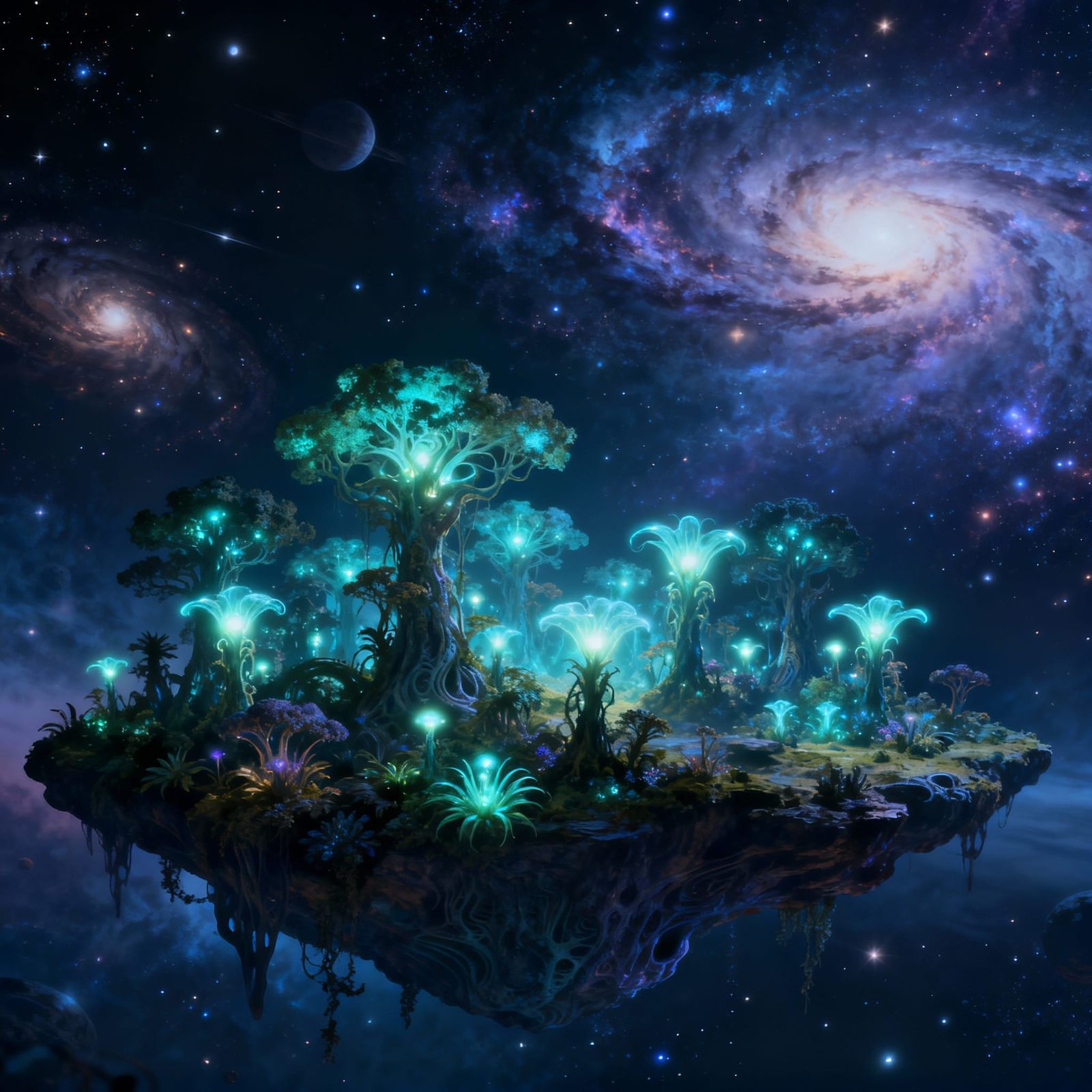 Magical Bioluminescent Forest on Floating Island in Space