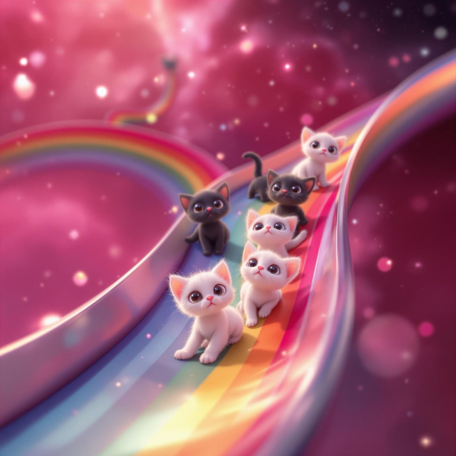 viewed from the bottom of a rainbow slide, Four kittens at t...