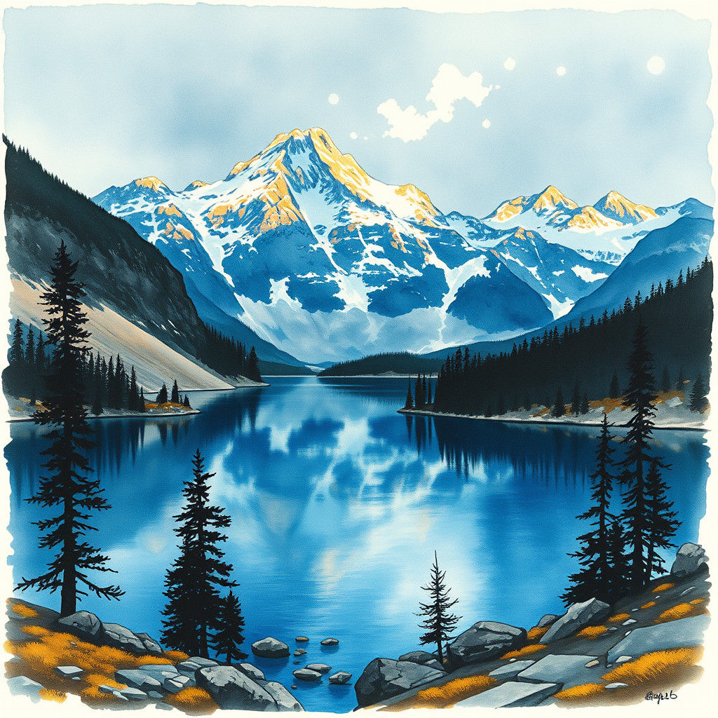 Mountain Lake in Ink Wash Style