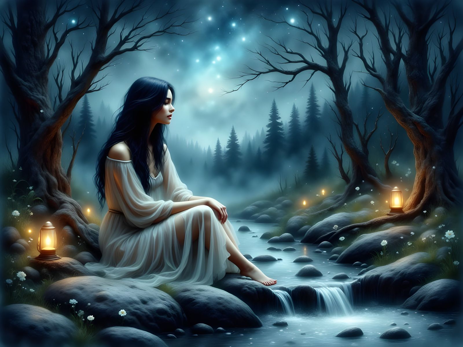 Norse Goddess by Mountain Stream in Ethereal Light