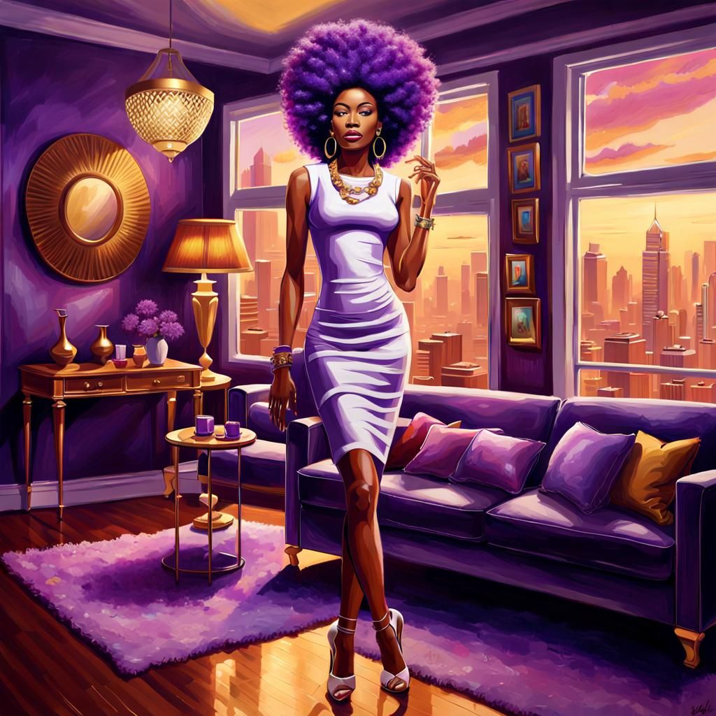 Beautiful African American Woman in Purple Interior