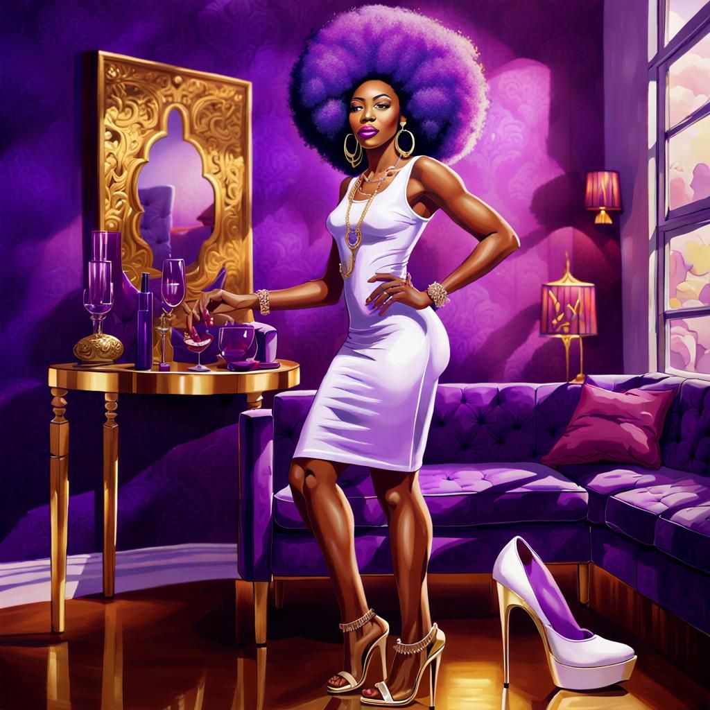 Beautiful Woman in Purple Apartment, 8k Oil Painting