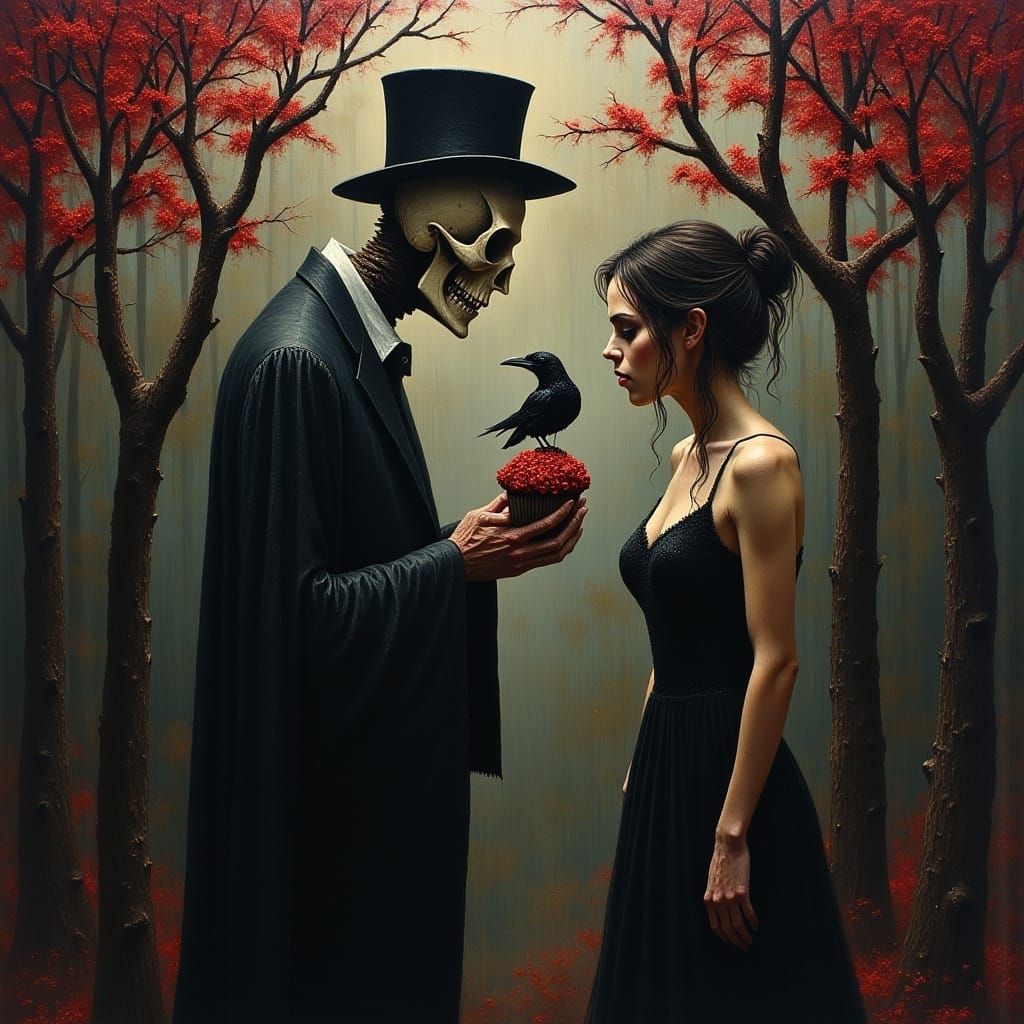 Macabre Gothic Illustration with Skull Face and Crow