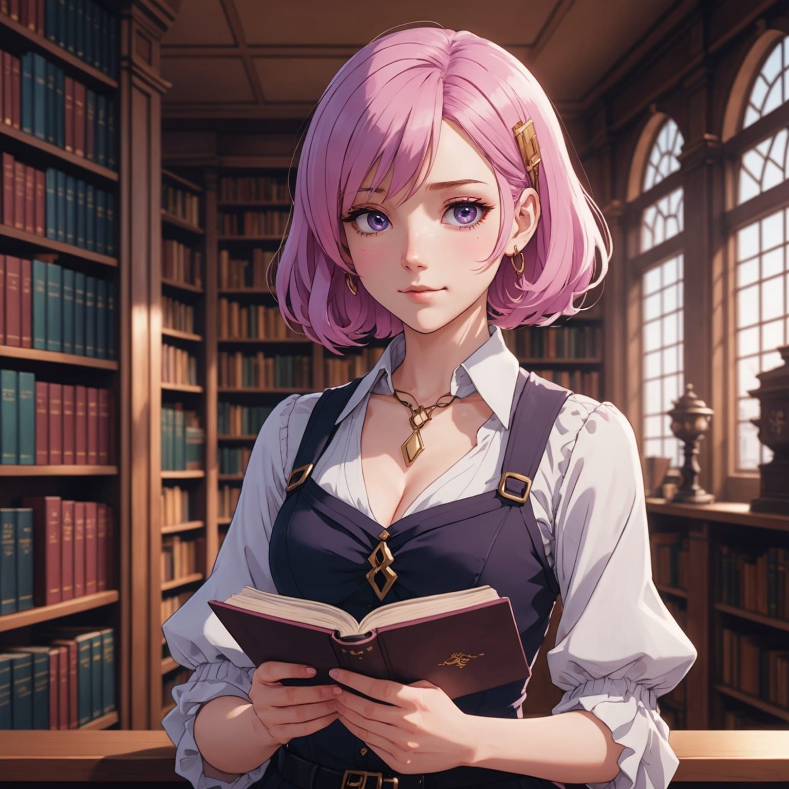Anime Woman Reading in Library, Cel-Shaded Style