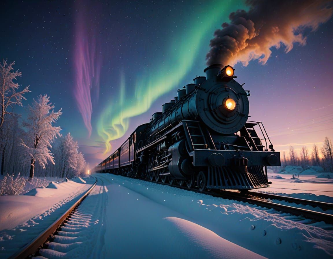Cinematic Polar Express Scene with Northern Lights