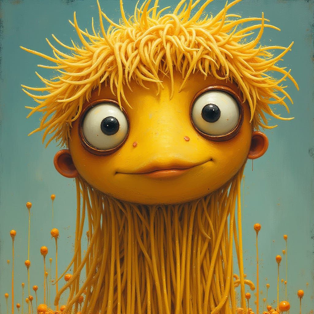 Whimsical Spaghetti Character in a Vibrant Dreamworld