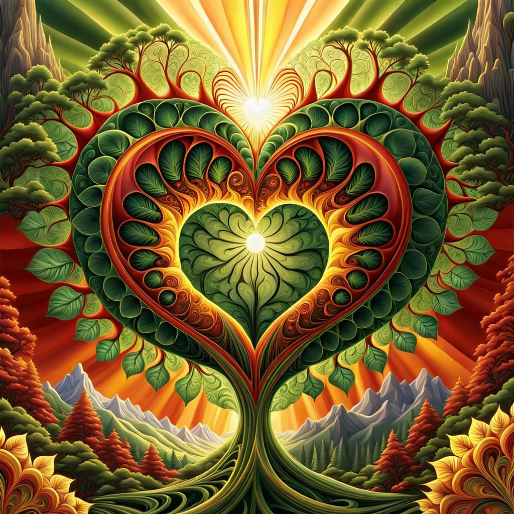 Radiant Fractal Heart Emerging from Nature