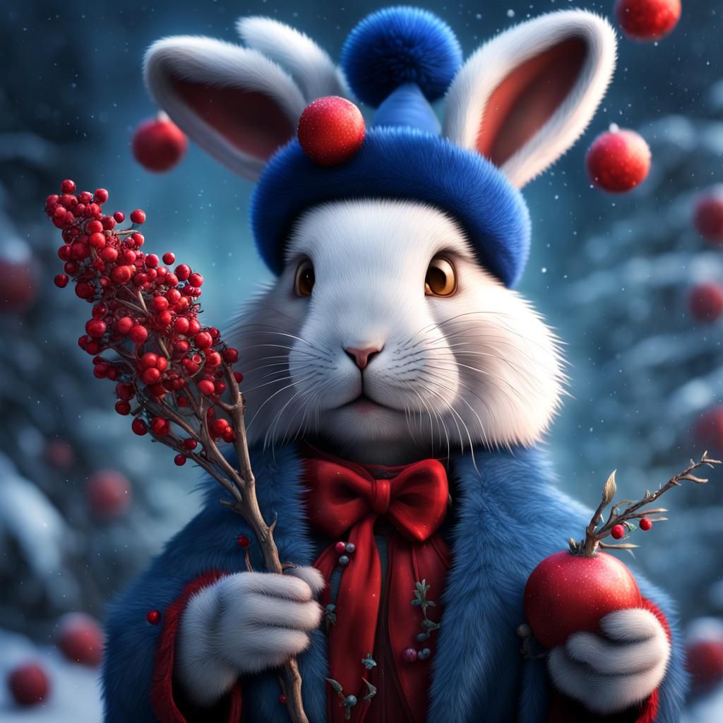 Festive Magical Bunny with Winter Berries