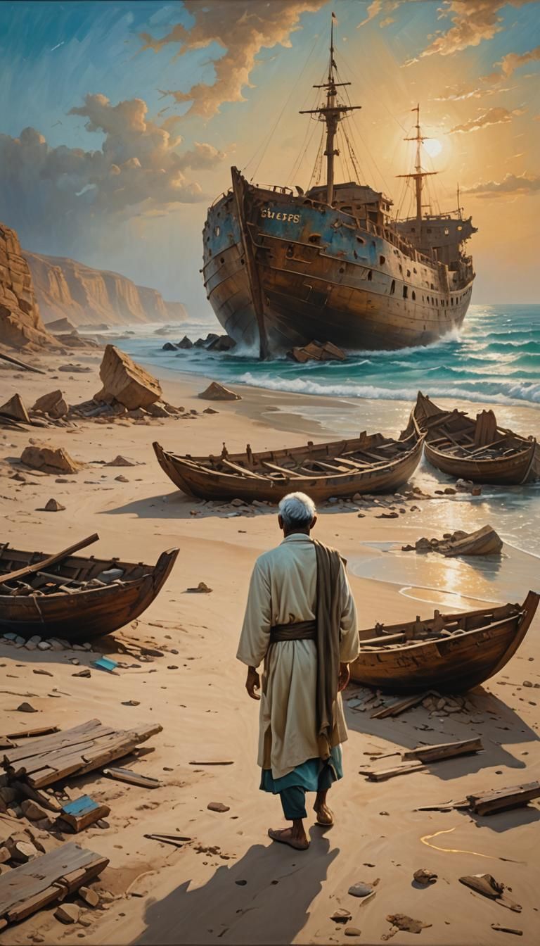 Prophet Yunus Prostrates on Beach: Oil Painting