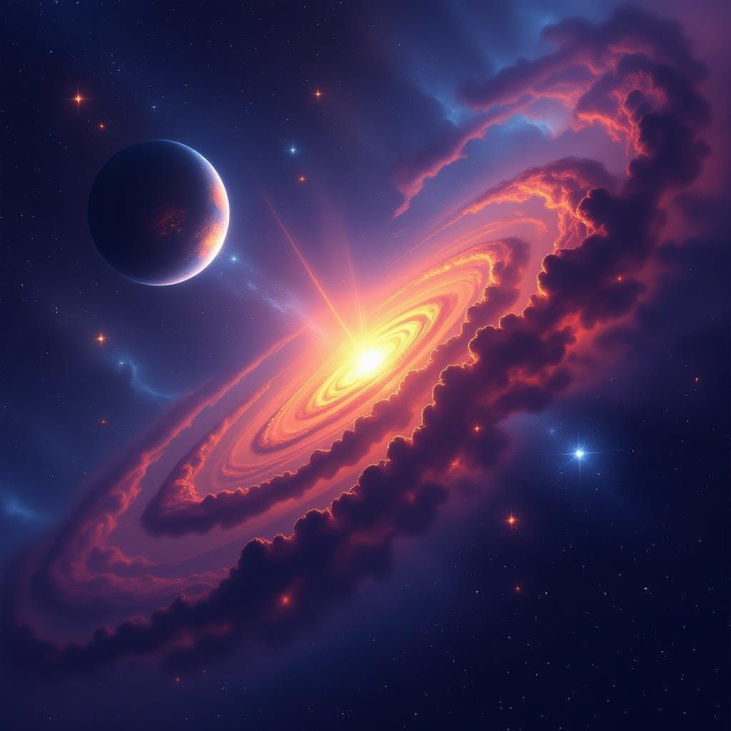 Vibrant Cosmic Nebula with Lone Planet in Binary Sunlight