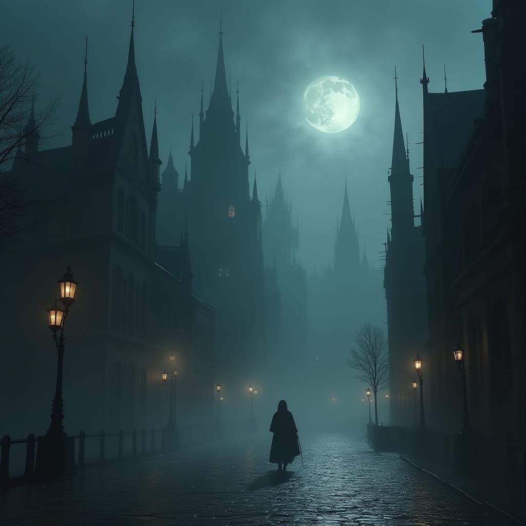 Gothic Cityscape at Midnight in Dark Fantasy Style