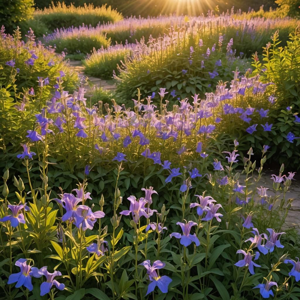 Bellflower Garden at Sunrise in Golden Light