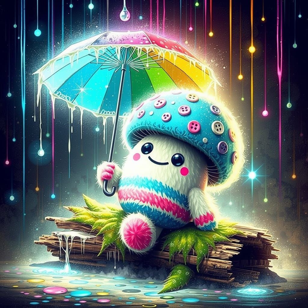 Mushroom Spirit Leaning on Log in Candy-Inspired Style