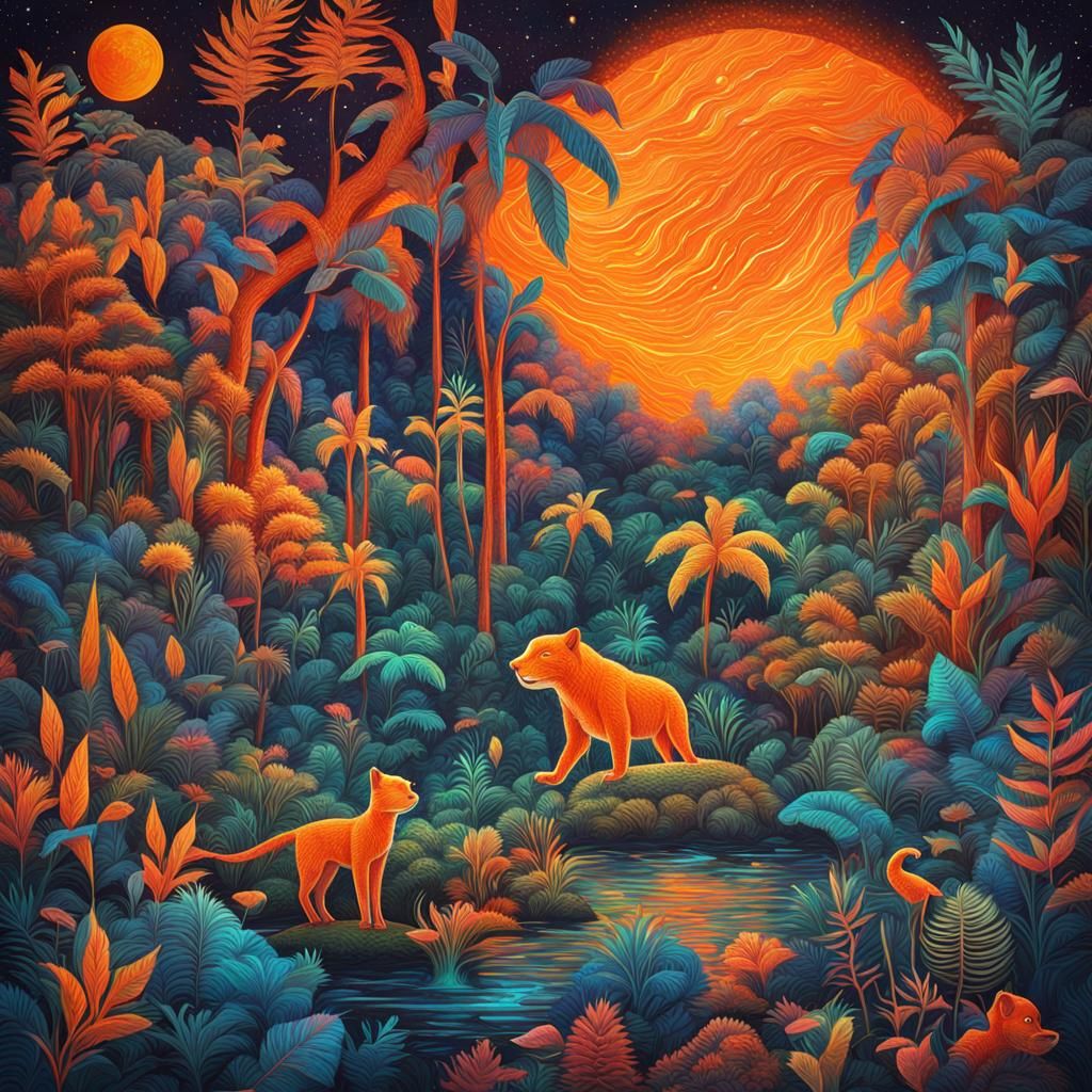 Luminous Jungle at Night: Holographic Cosmic Illustration