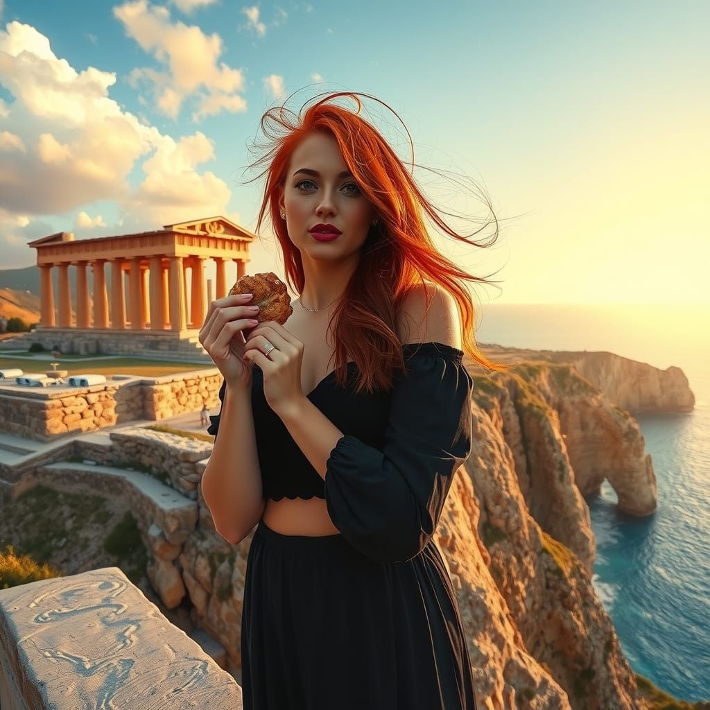 Woman on a Pedestal in Front of Ancient Temple and Turquoise...