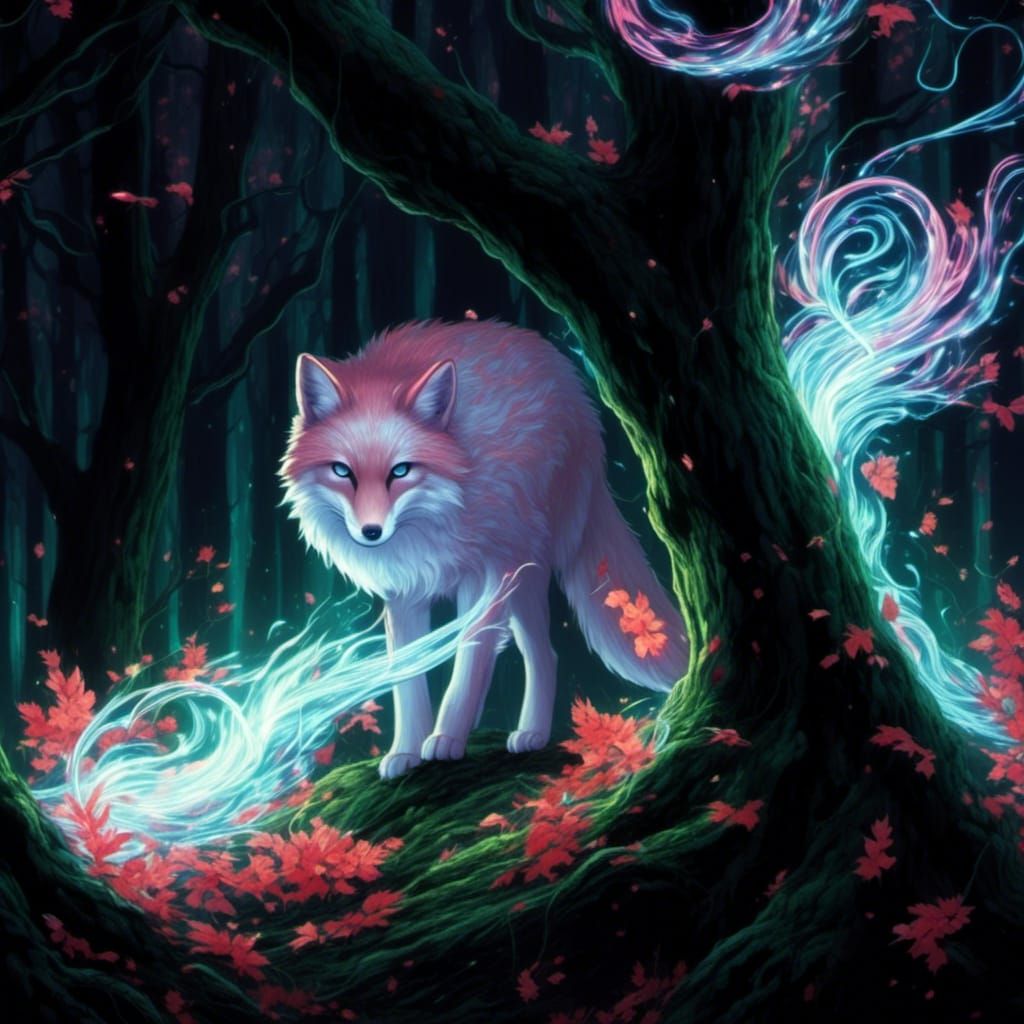 Nine-Tailed Fox with Aura in Red Forest
