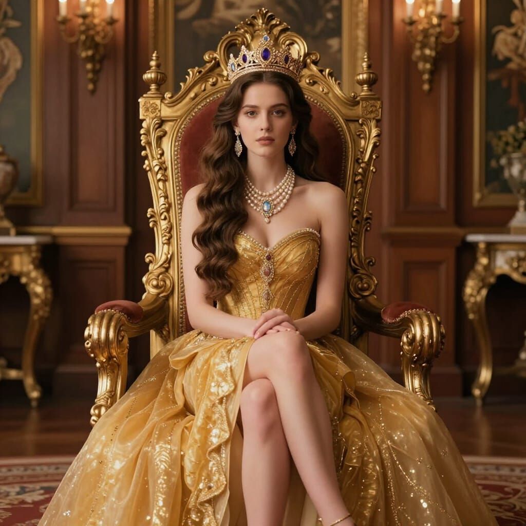Regal Woman on Ornate Throne, Photorealistic Style