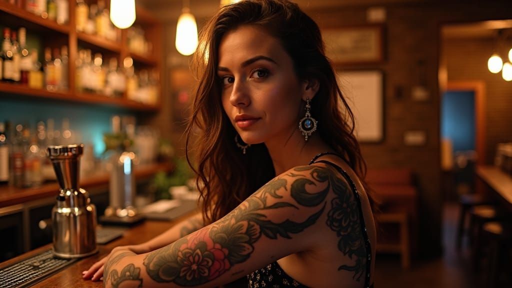 Tattooed Women in a Lively Bar Scene