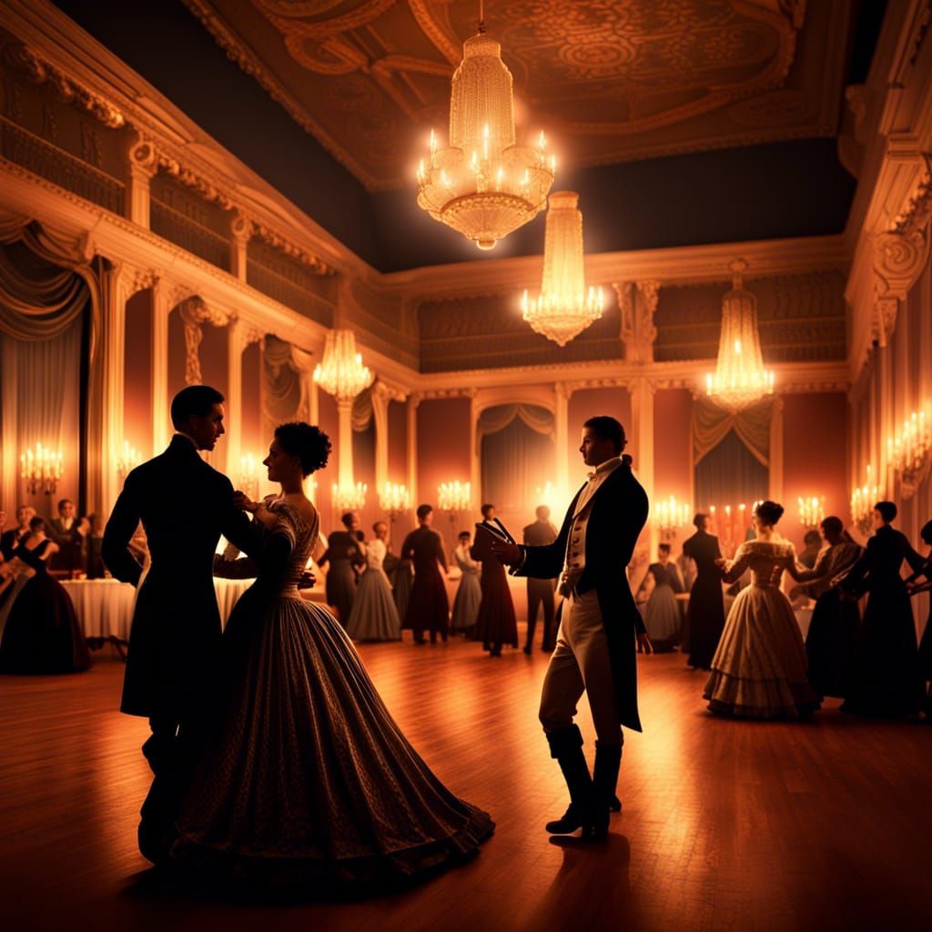 Historical Ballroom Scene with Dancing Figures