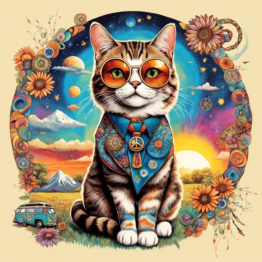 Psychedelic Cat Lounging Under Tie-Dye Sky