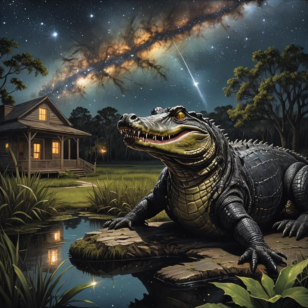 Alligator Smiles Under Milky Way in Florida Swamp