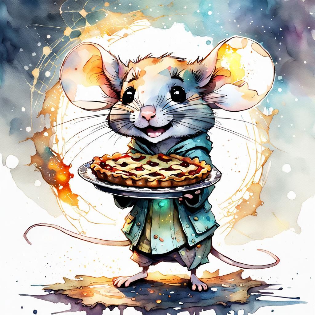 Chibi Mouse with Pie in Watercolor Style