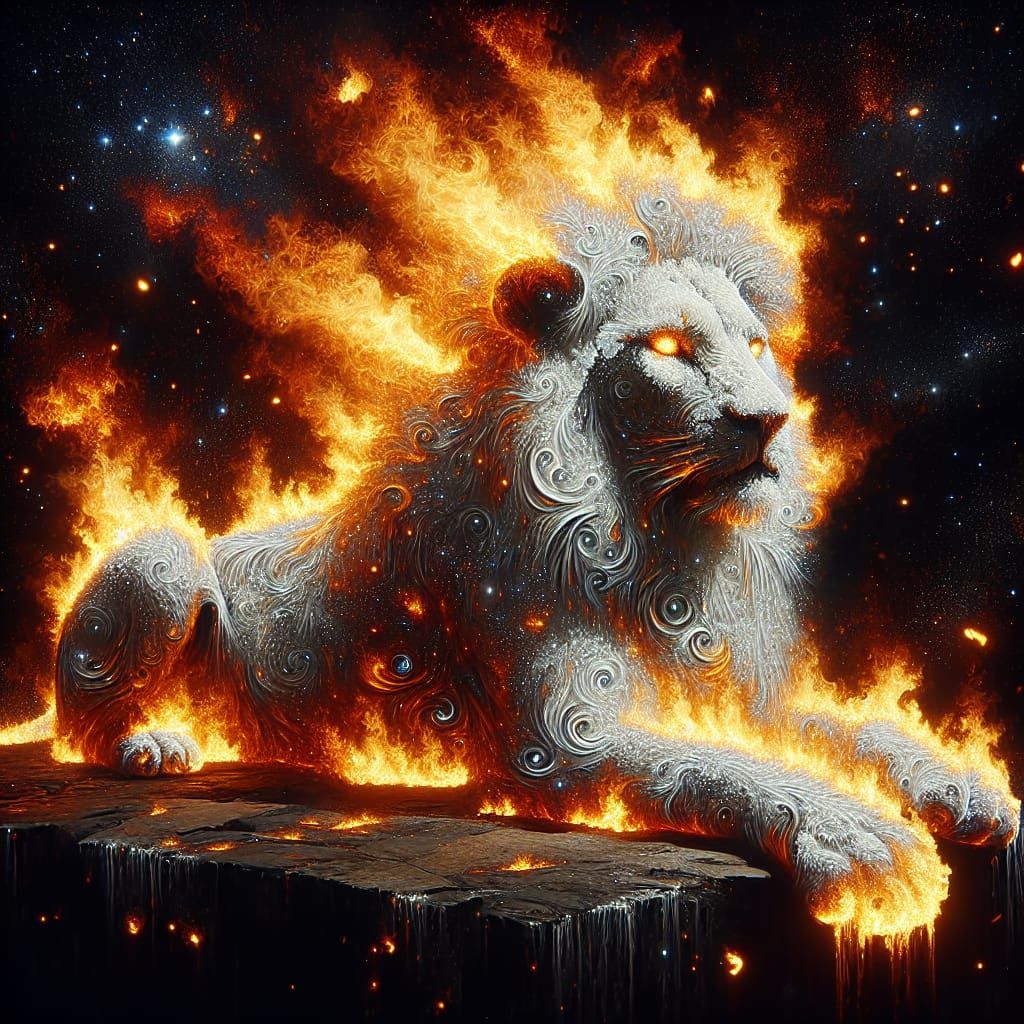 Fiery White Lion Resting on Rocks: Digital Art