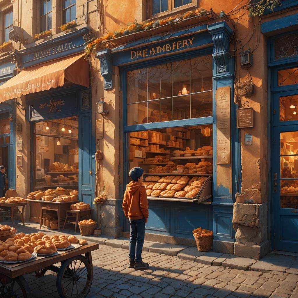 Boy Longing Outside Bakery: Fantasy Matte Painting