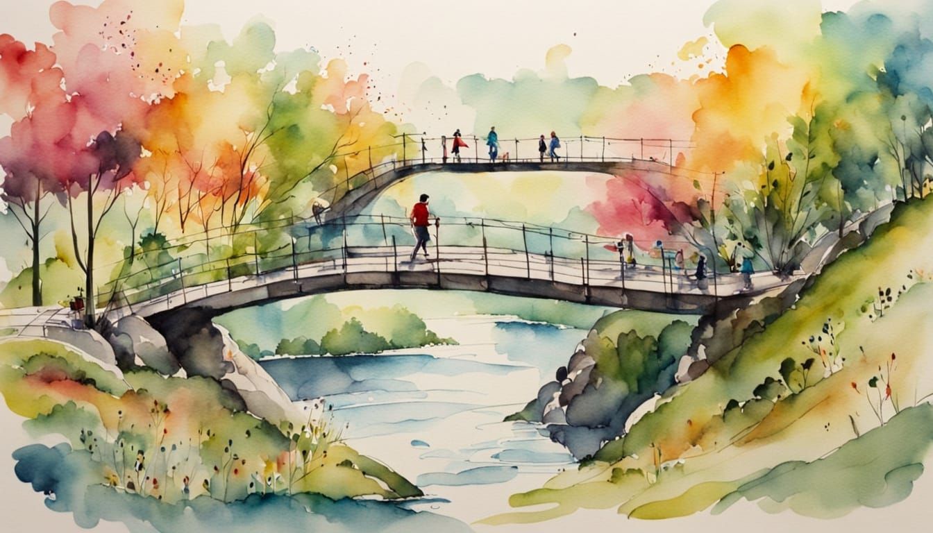 Vibrant Spring Bridge Scene in Watercolor and Ink