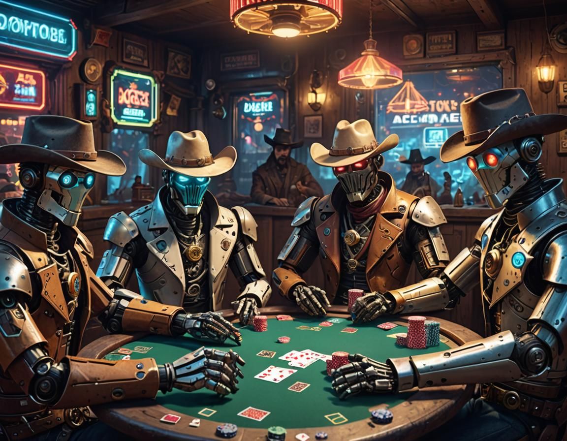 Cowboy Robots Playing Poker in Neon Saloon