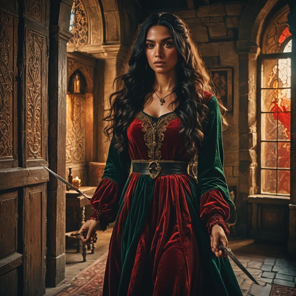 Medieval Woman with Dagger in Fantasy Art Style