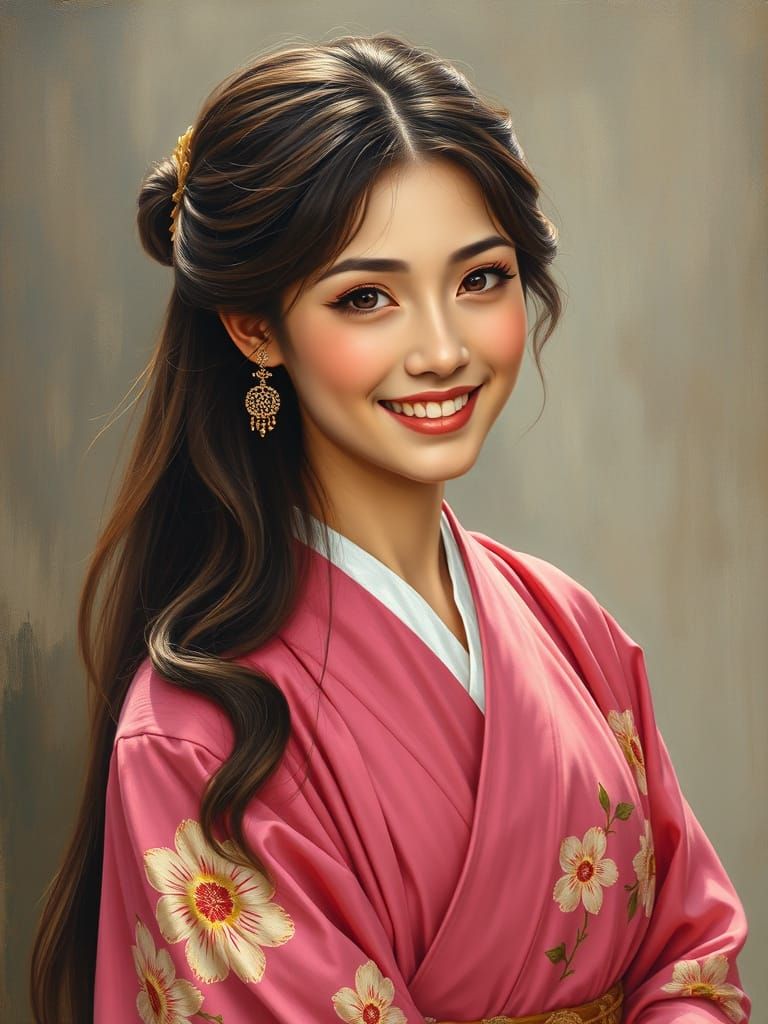 A Beautiful Geisha in a Vibrant Pink Kimono