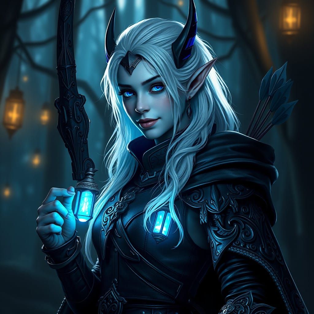 Dark Elf Mage in Moonlit Forest, Baroque Leather Armor and O...