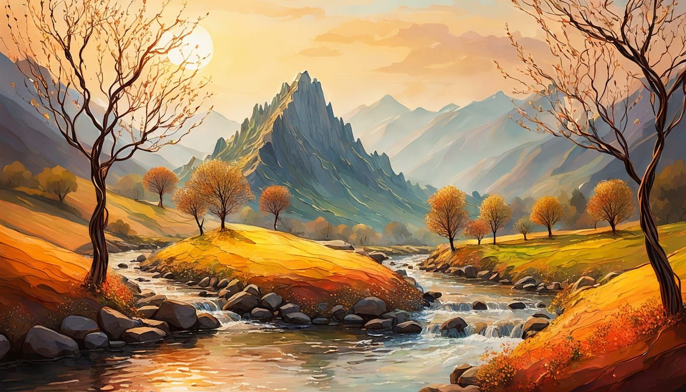 Idyllic Wire Mountain Landscape in Impressionist Style