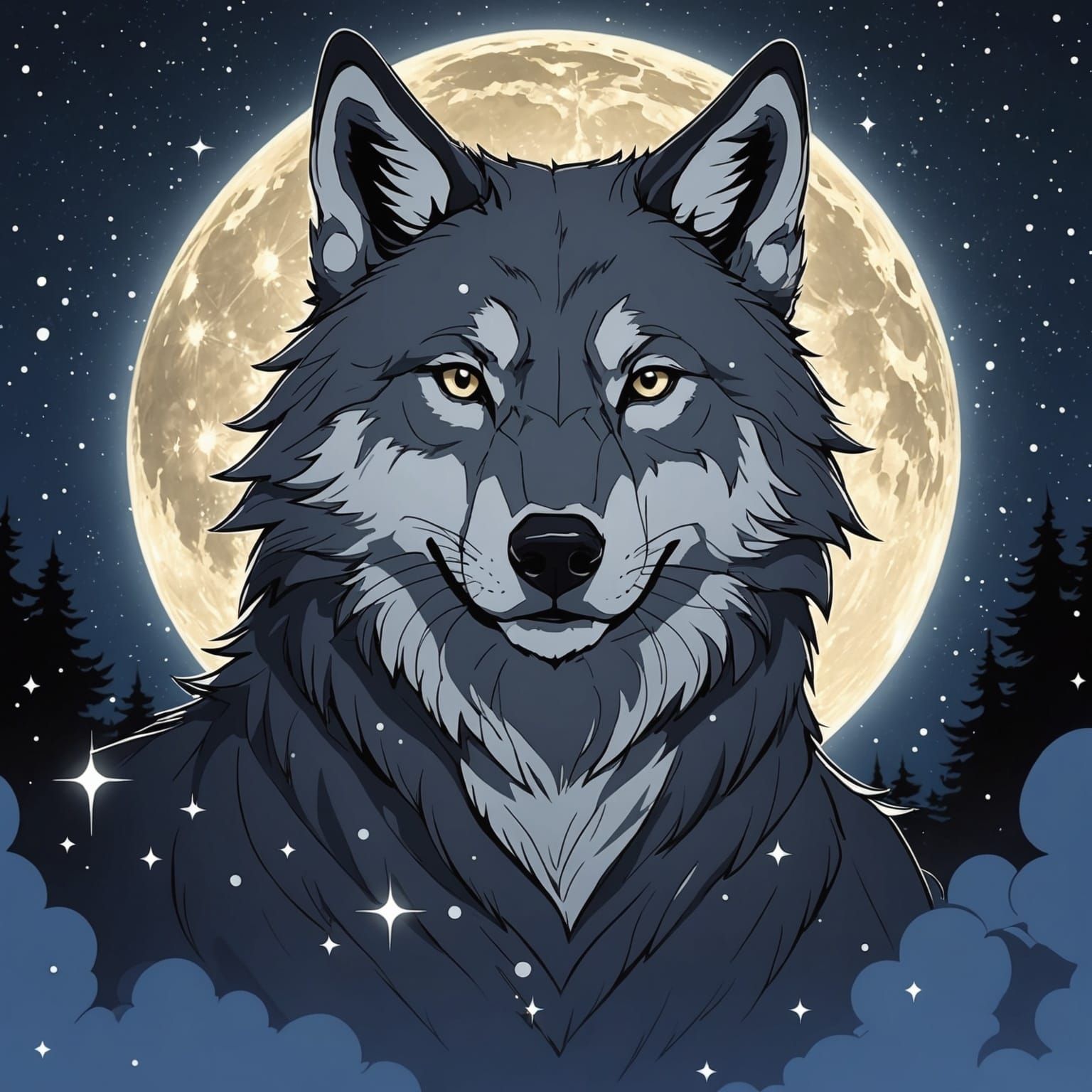 Anime Style Wolf Silhouette Stargazing
