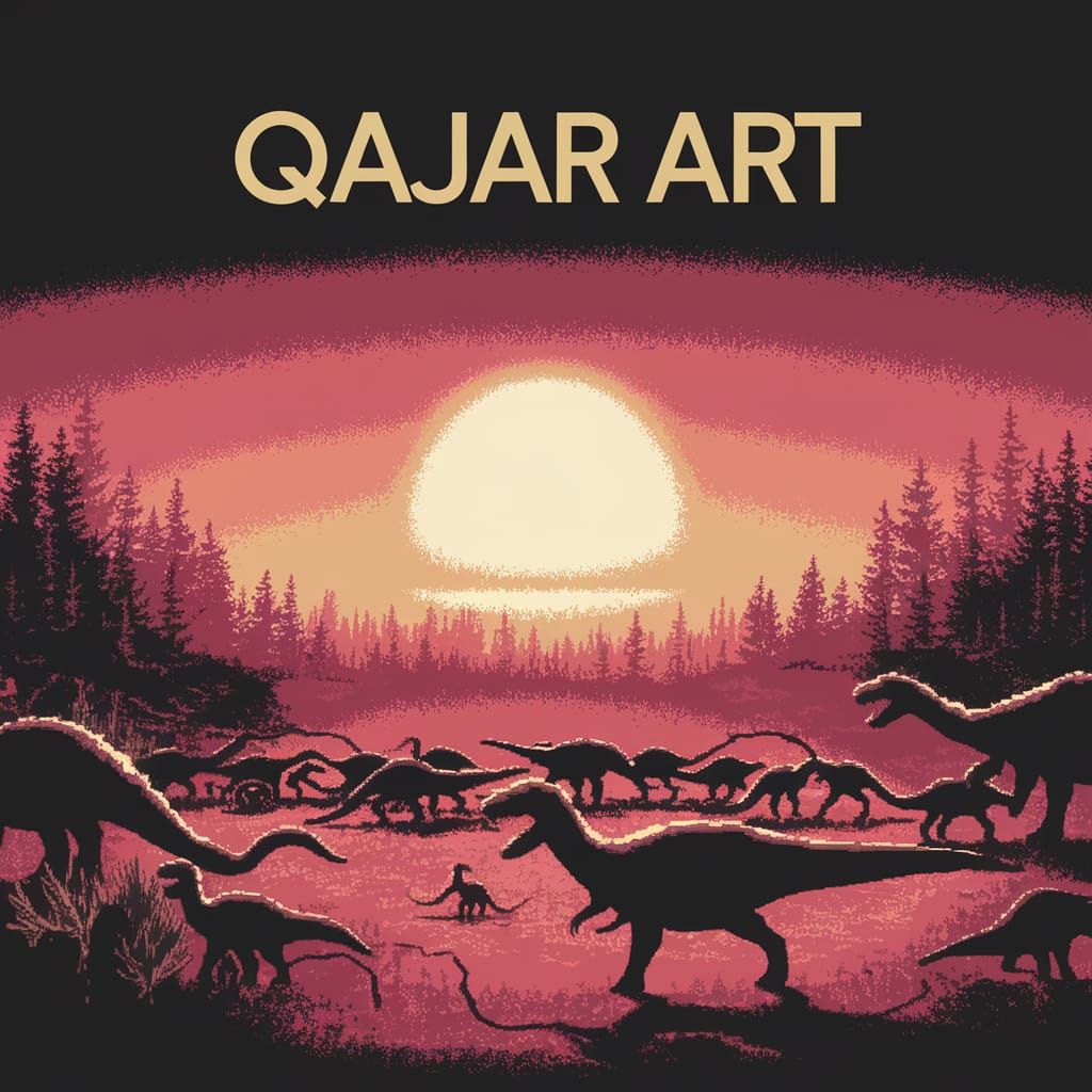 8-Bit Qajar Art Landscape with Ancient Dinosaurs