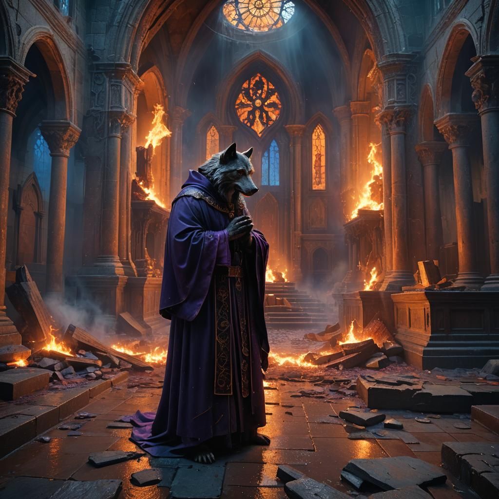 Lycanthrope Priest Praying in Burning Church