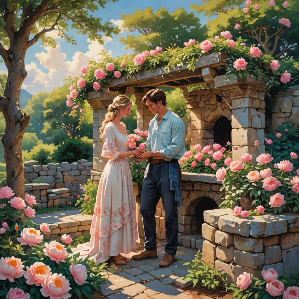 Couple at Wishing Well in Vibrant Painting Style