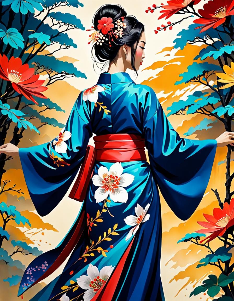 Elegant Kimono in Gouache Splash Art Style