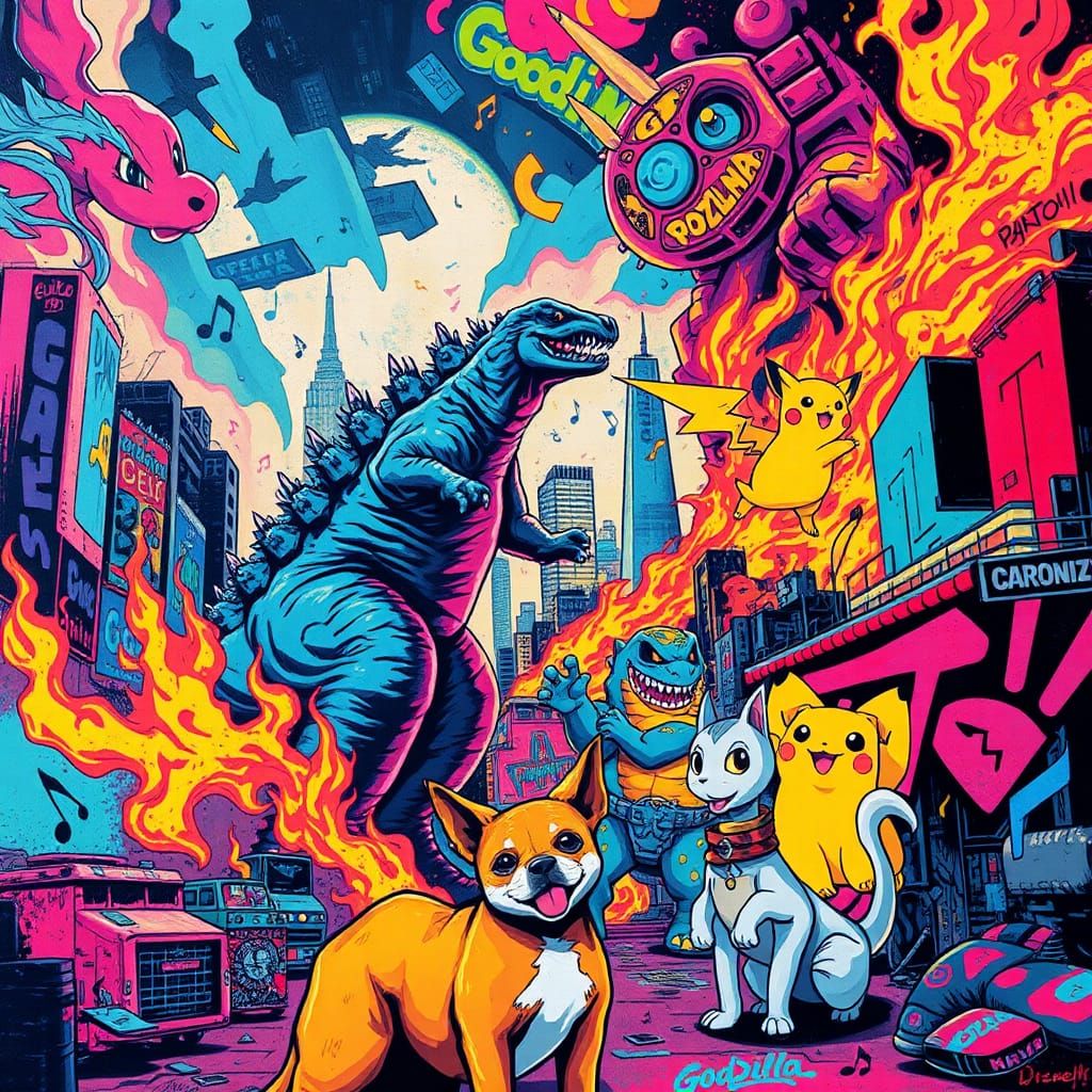 Godzilla and Pokémon Graffiti Art Cityscape