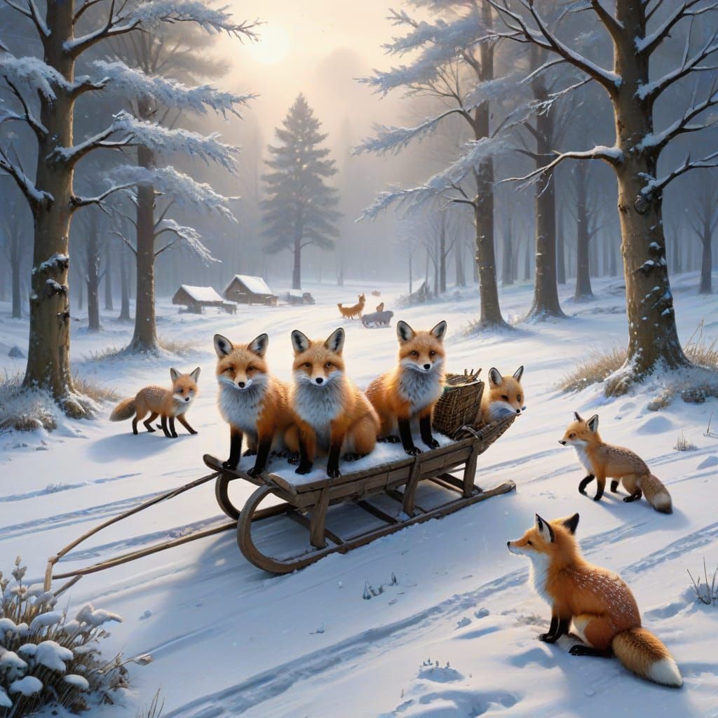 Winter Scene: Foxes Pull Sled with Children Through Snow
