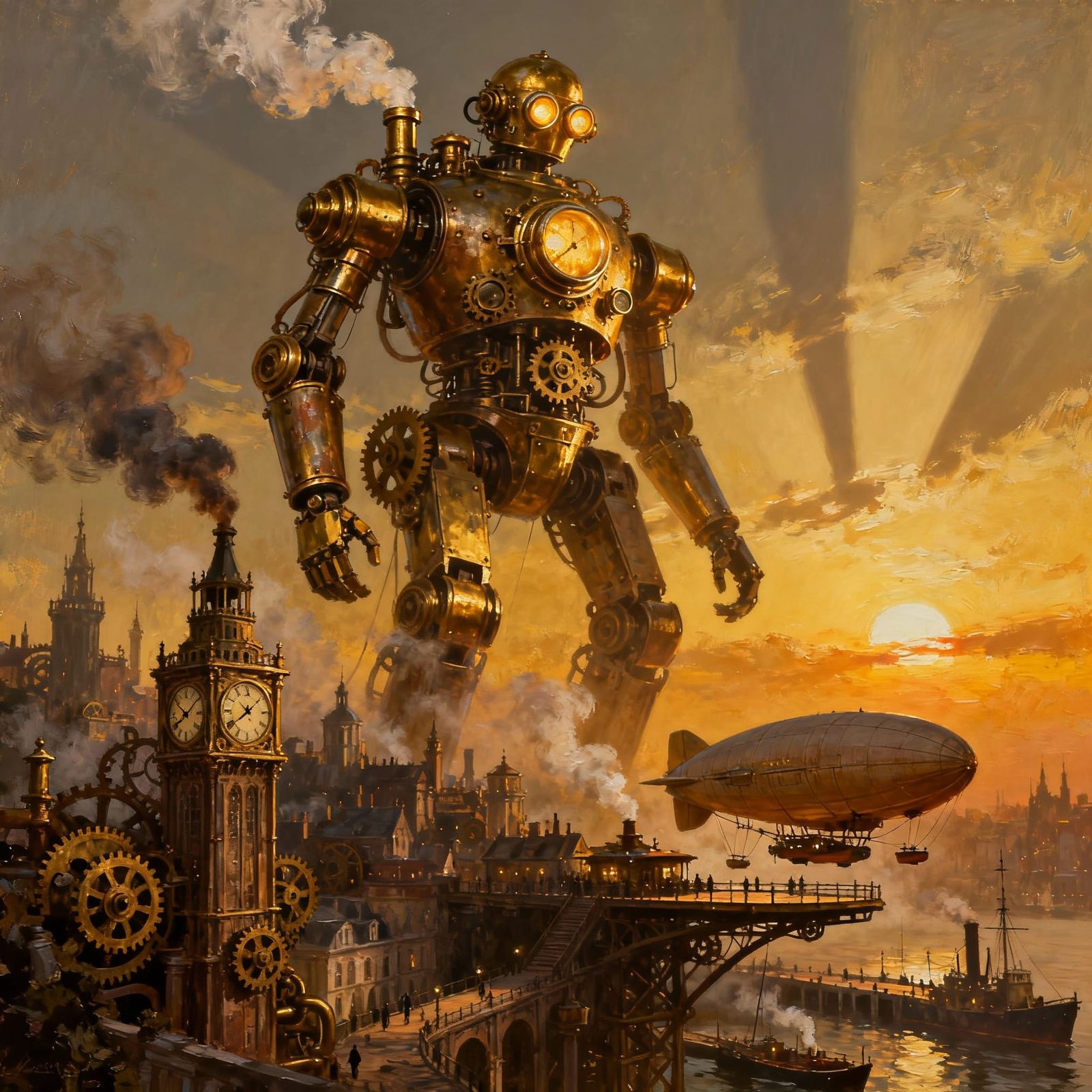 Steampunk Automaton Guardian Over Victorian City