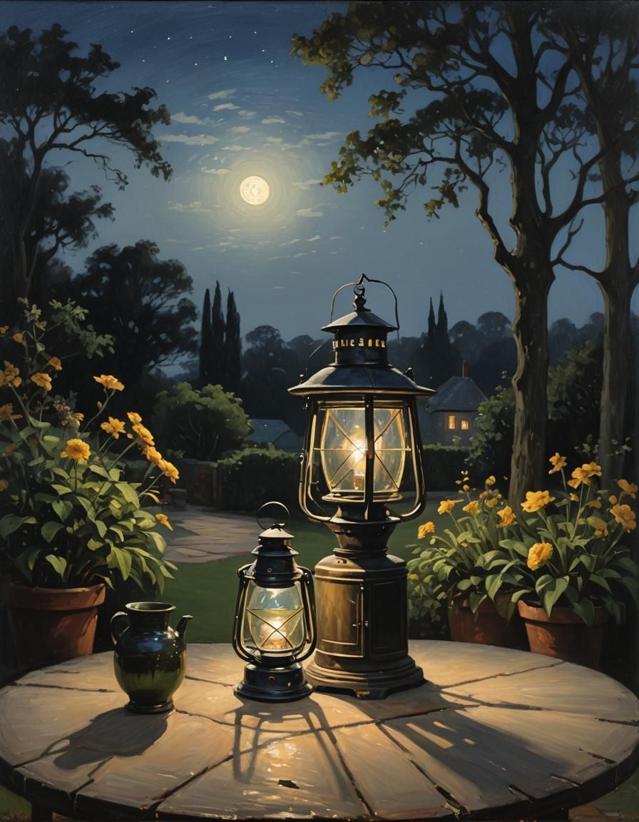 Lantern in Moonlight: Oil Painting
