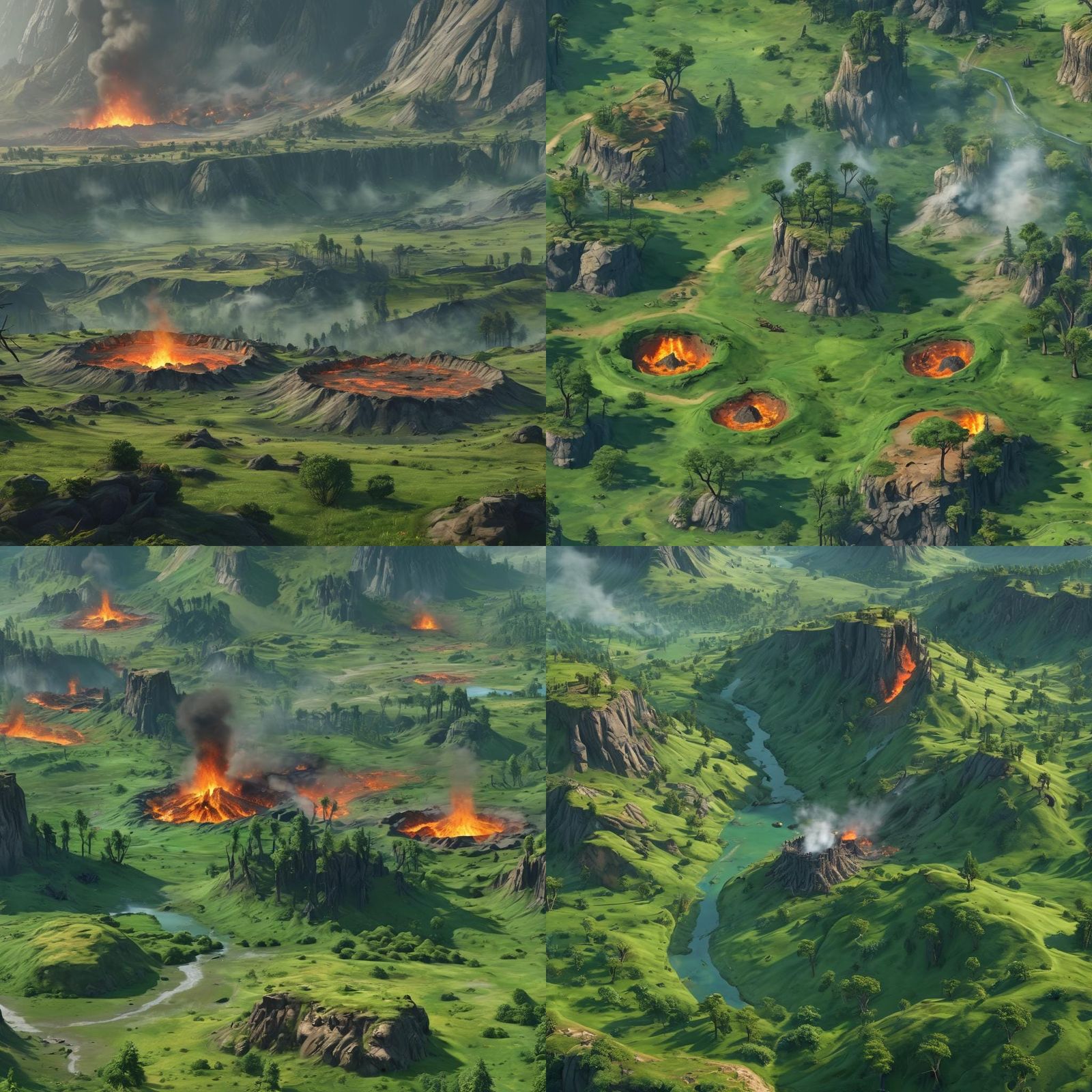 Cartoon Valley Landscape with Burning Craters
